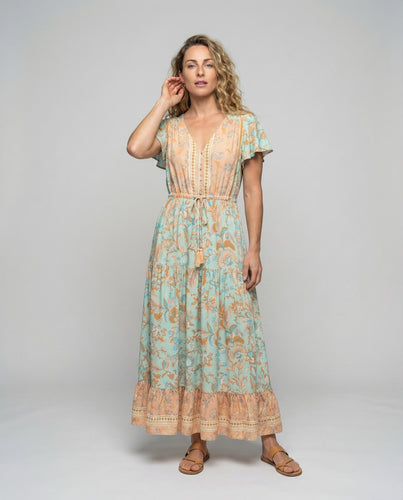 Damen schlichtes Boho-Maxikleid mit Häkelbordüre