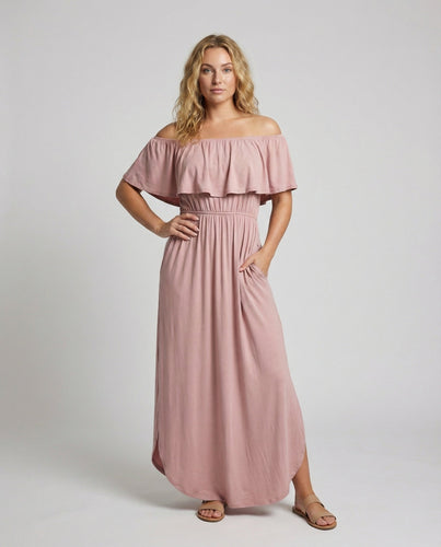 Damen schulterfreies Maxi-Jerseykleid mit Volantoberteil