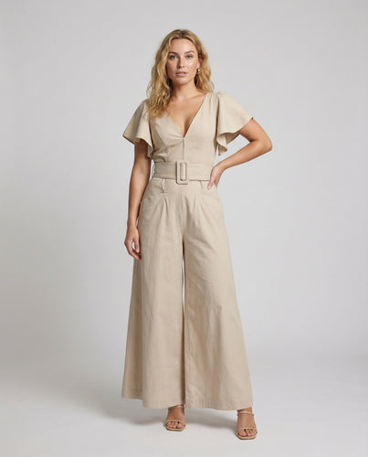 Damen taillierter Leinenoptik-Overall mit Palazzo-Bein