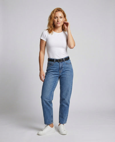Damen hochgeschnittene Jeanshose mit konischem Bein