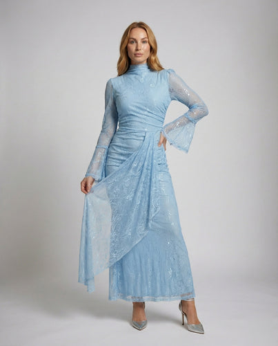 Damen Hochgeschlossene Taillierte-Raffung Spitzenabendkleid