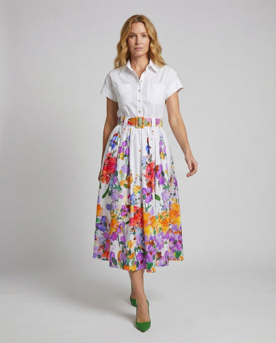 Damen Florale Voluminöser-Tellerrock Hemdblusenkleid