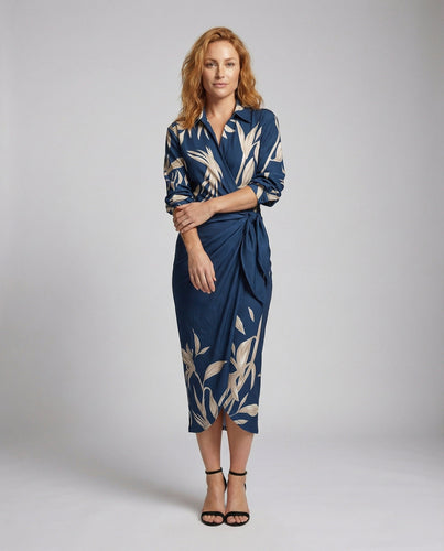 Damen Wickelkleid Hemdbluse Midi Print