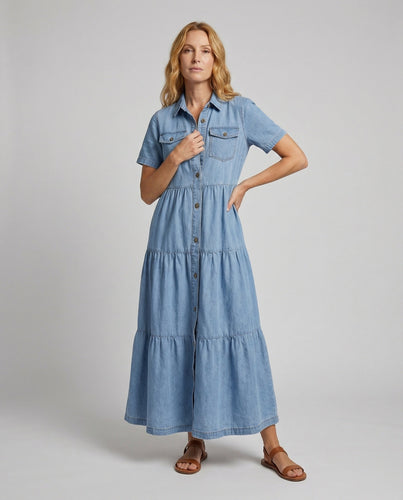 Damen Hemdblusenkleid Lang Denim