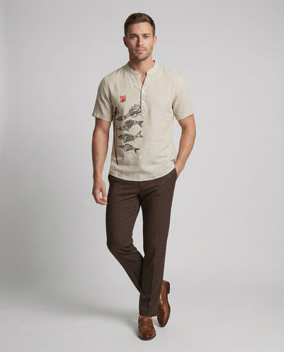 Herren Leinen-Henley Kurzarm Runen Wikinger