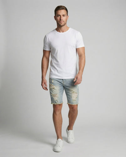 Herren Jeans-Bermuda Schmal Rissdetails Fünf-Taschen