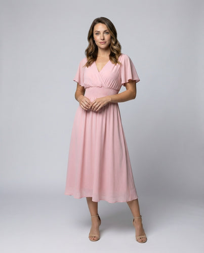 Damen Smokbund Flügelärmel Midikleid