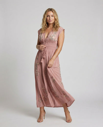 Damen nan besticktes bodenlanges Strandkleid mit Smokbund, V-Ausschnitt und Spitzeneinsatz
