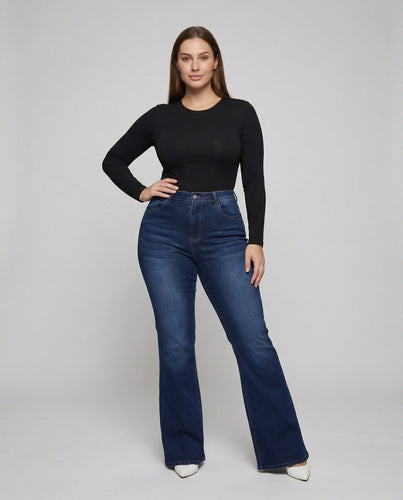 Damen nan hochgeschnittene Schlagjeans mit formendem Taillenbund, elastischem Jeansstoff und ausgestelltem Bein Shopnory