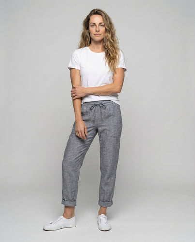 Damen nan lässige Leinenmix-Hose mit Tunnelzug, seitlichen Eingrifftaschen und umgeschlagenem Saum