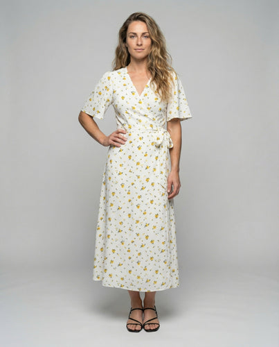 Damen nan luftiges Wickel-Midikleid mit gerafften Puffärmeln und Taillenband
