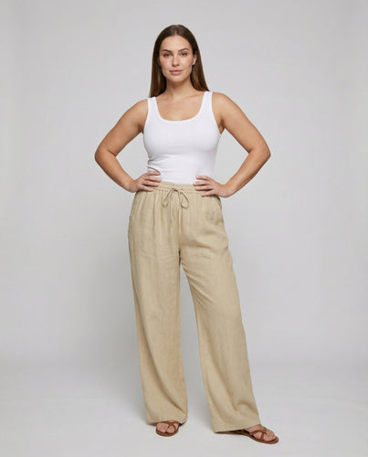 Damen nan weite Leinenhose mit elastischem Bund, Kordelzug und Seitentaschen