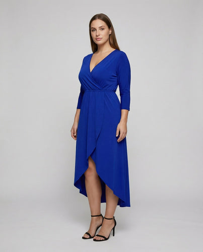 Damen nan Wickel-Maxikleid mit tiefem V-Ausschnitt, dreiviertelärmeln, tailliertem Bindegürtel und asymmetrischem Tulpen-Saum