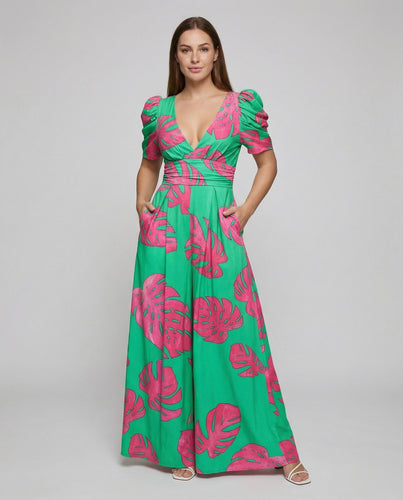 Damen nan Wickel-Maxikleid mit V-Ausschnitt, Puffärmeln, taillierter Drapierung und Eingrifftaschen Shopnory