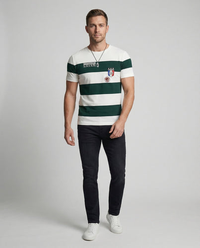 Herren nan gestricktes Typo-Print Rundhals-T-Shirt mit kurzem Arm und figurbetonter Passform Shopnory