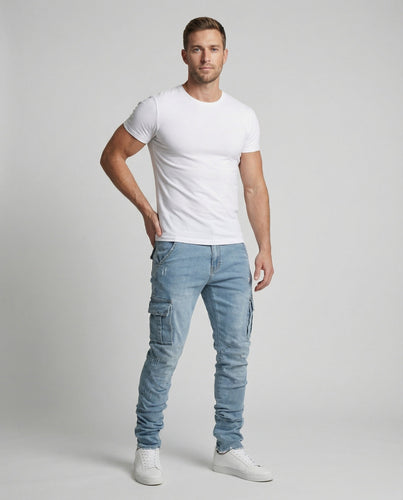 Herren nan konisch zulaufende Cargo-Jeans mit aufgesetzten Klappentaschen, verwaschener Optik und Elastananteil