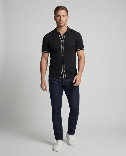 Herren nan Kurzarm-Strickcardigan im Retro-Polo-Stil mit Lochmuster und Kontrastpaspel