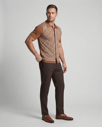 Herren nan kurzärmeliges Strick-Poloshirt mit durchgehender Knopfleiste und feinem Jacquardmuster