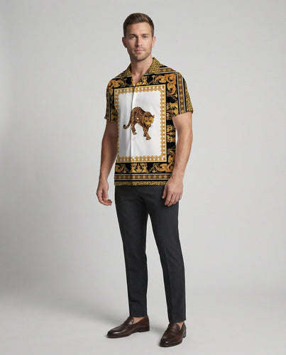 Herren nan luftiges Kurzarm-Hemd mit Kuba-Kragen und barockem Ornamentprint