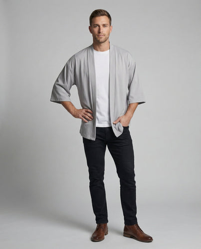 Herren nan offene weitgeschnittene Kimono-Jacke aus fließendem Jersey mit Seitentaschen und Dreiviertelärmeln Shopnory