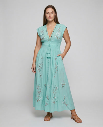 Damen Bestickte Boho MischgewShopnorye Maxikleid
