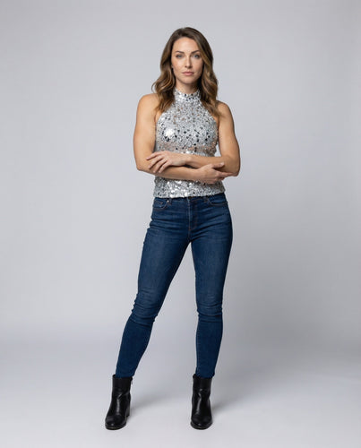 Damen Glitzernde Pailletten MischgewShopnorye Neckholder-Oberteil