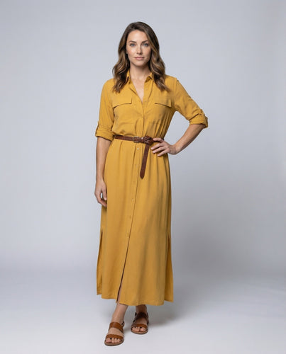 Damen Fließende Gehschlitz Viskose-Mix Hemd-Midikleid