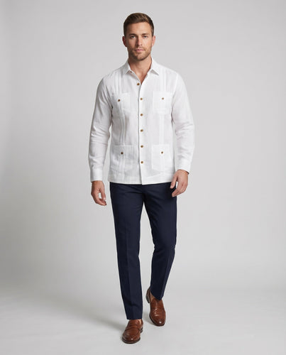 Herren Klassische Kuba-Kragen Leinenmix Guayabera-Hemd