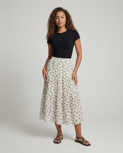 Damen Romantische Feines Blumenmuster Chiffon Stufenswingrock