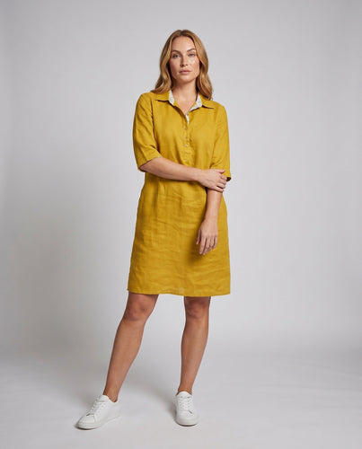 Damen Klassische Halbe Knopfleiste Leinenmix Hemdkleid