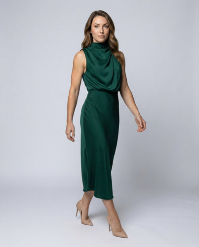 Damen Satin-Midikleid Stehkragen Drapé-Look