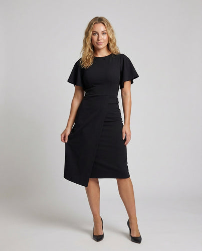 Damen Midi-Wickelkleid Volantärmel Figurbetont