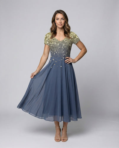 Damen Chiffon-Abendkleid Pailletten-Büste Stufenrock