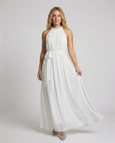 Damen Halter-Maxikleid Chiffon Rüschenkragen Stufenrock