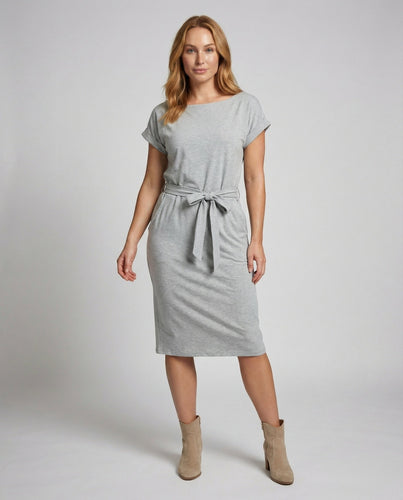 Damen Jerseykleid Knielang Taillengürtel