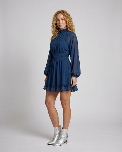 Damen Chiffon-Minikleid Stehkragen Volant-Saum