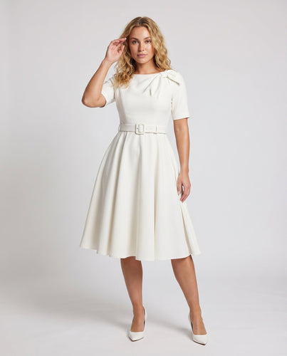 Damen Tellerkleid Knielang Gürtel Schulterfalte