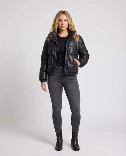 Damen Kunstleder-Pufferjacke Gesteppt Kapuze Wattiert
