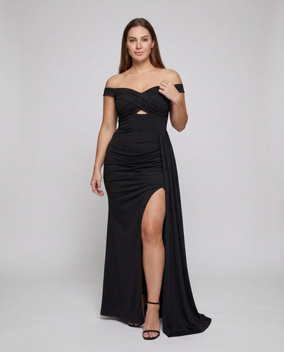 Damen Mermaidkleid Off-Shoulder Beinschlitz Drapé-Schleppe