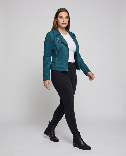 Damen Bikerjacke Veloursoptik Asymmetrisch Zierknöpfe