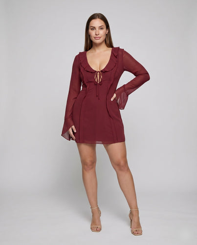 Damen Minikleid V-Ausschnitt Schnür-Front Volantkragen