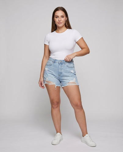 Damen Jeansshorts High-Waist Fransensaum Rissdetail