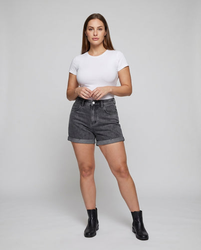 Damen Jeansshorts High-Waist Umschlagsaum 5-Pocket