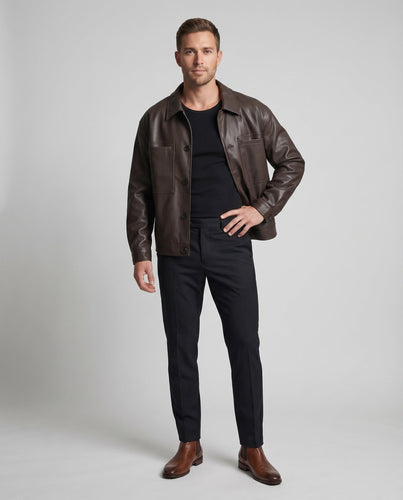 Herren Kunstlederjacke Oversize Hemdkragen Brusttaschen