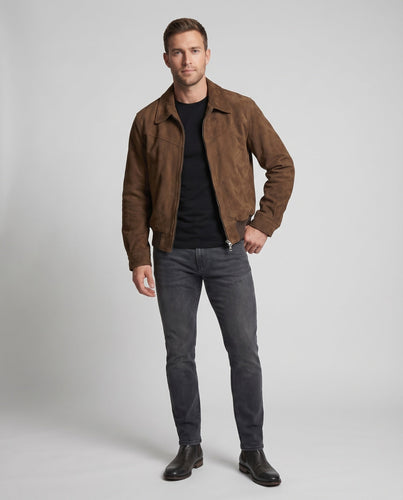 Herren Velourslederjacke Kurz Hemdkragen Metallzipper