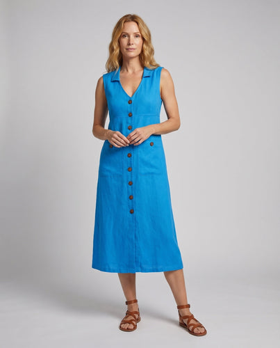 Damen Leinen-Midikleid Holzknopfleiste Eingrifftaschen Reverskragen