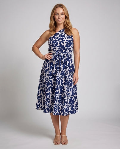 Damen Einschulter-Midikleid Taillengürtel A-Linie Asymmetrisch