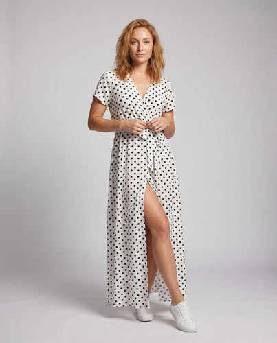 Damen Wickel-Maxikleid Knoten-Taillenband Beinschlitz Kurzarm