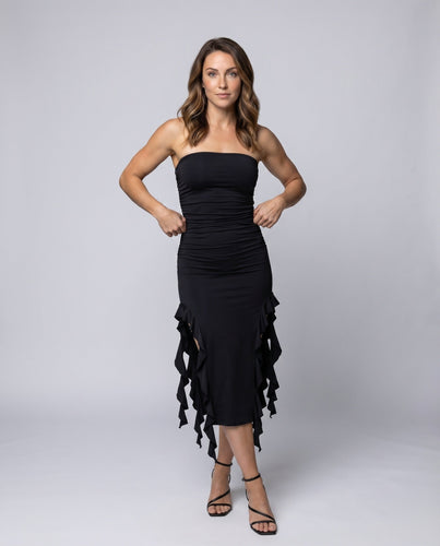 Damen Midikleid Trägerlos Seitliche Volants Raffung
