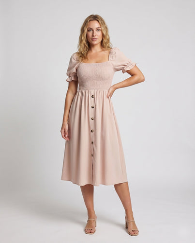 Damen Gesmoktes Midikleid Puffärmel Knopfleiste Quadrat-Ausschnitt